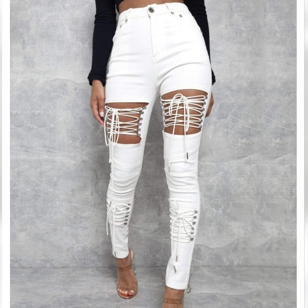Maniere De Voir Womens White Lace Up Cut Out Skinny Jeans Size 8